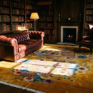 Room Size Knotted Antique Yellow Wool 1930s Chinese - Art Deco Rectangle Rug (SKU 25744) - room view