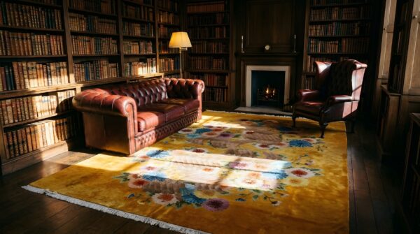 Room size knotted antique yellow wool 1930s chinese - art deco rectangle rug 7 Room size knotted antique yellow wool 1930s chinese - art deco rectangle rug (sku 25744) - room view