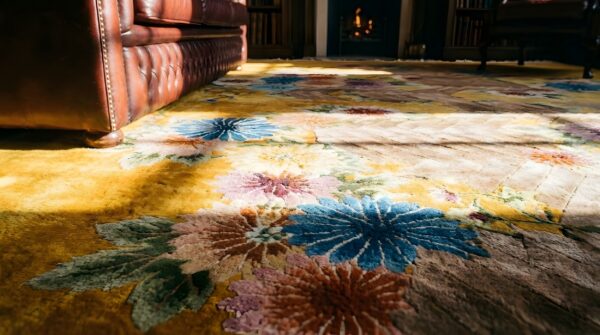 Room size knotted antique yellow wool 1930s chinese - art deco rectangle rug 8 Room size knotted antique yellow wool 1930s chinese - art deco rectangle rug (sku 25744) - in-room detail