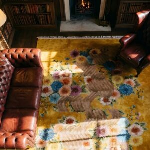Room Size Knotted Antique Yellow Wool 1930s Chinese - Art Deco Rectangle Rug (SKU 25744) - styled overhead view