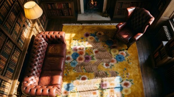 Room size knotted antique yellow wool 1930s chinese - art deco rectangle rug 2 Room size knotted antique yellow wool 1930s chinese - art deco rectangle rug (sku 25744) - styled overhead view