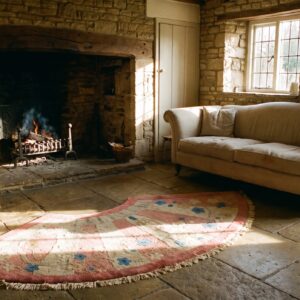 Round 1920s Hand Knotted Pile Wool Coral Antique Rug (SKU 24167) - room view