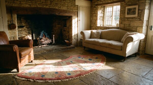 Round 1920s hand knotted pile wool coral antique rug 7 Round 1920s hand knotted pile wool coral antique rug (sku 24167) - room view