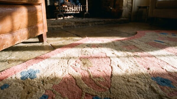 Round 1920s hand knotted pile wool coral antique rug 8 Round 1920s hand knotted pile wool coral antique rug (sku 24167) - in-room detail