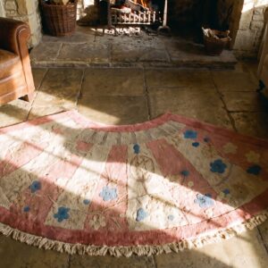 Round 1920s Hand Knotted Pile Wool Coral Antique Rug (SKU 24167) - styled overhead view
