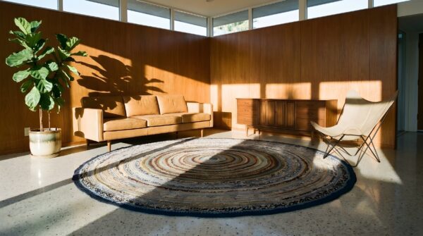 Antique round braided american usa allover geometric hand knotted pile rug 10 Antique round braided american usa allover geometric hand knotted pile rug (sku 23255) - room view