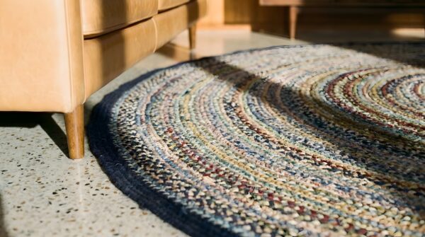 Antique round braided american usa allover geometric hand knotted pile rug 11 Antique round braided american usa allover geometric hand knotted pile rug (sku 23255) - in-room detail