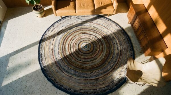 Antique round braided american usa allover geometric hand knotted pile rug 2 Antique round braided american usa allover geometric hand knotted pile rug (sku 23255) - styled overhead view