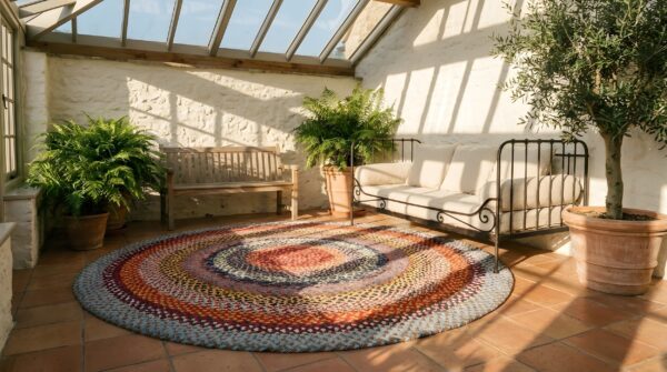 Antique round braided american usa geometric medallion flat weave rug (sku 25825) - room view