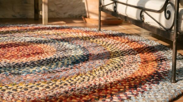 Antique round braided american usa geometric medallion flat weave rug (sku 25825) - in-room detail