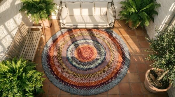 Antique round braided american usa geometric medallion flat weave rug (sku 25825) - styled overhead view