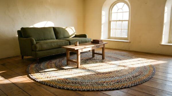 Antique round wool multicolor jewel tones flat weave rug (sku 25013) - room view