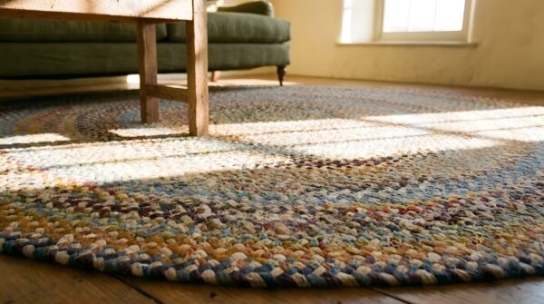 Antique round wool multicolor jewel tones flat weave rug (sku 25013) - in-room detail