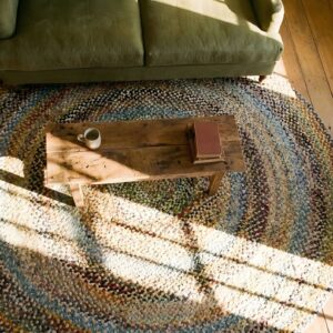 Antique Round Wool Multicolor Jewel Tones Flat Weave Rug (SKU 25013) - styled overhead view