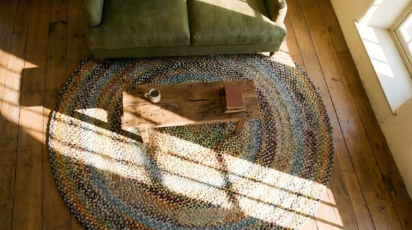Antique round wool multicolor jewel tones flat weave rug (sku 25013) - styled overhead view