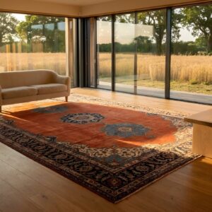 Rustic Anchor Open Field Medallion Design Antique Large Coral Persian Bidjar Rug (SKU 25585) - room view