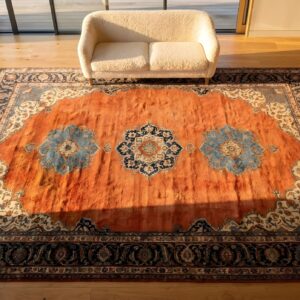 Rustic Anchor Open Field Medallion Design Antique Large Coral Persian Bidjar Rug (SKU 25585) - styled overhead view