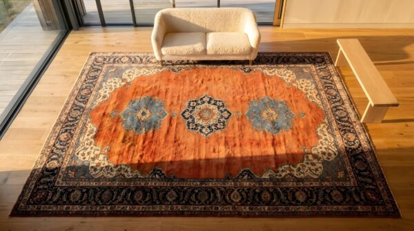 Rustic anchor open field medallion design antique large coral persian bidjar rug 2 Rustic anchor open field medallion design antique large coral persian bidjar rug (sku 25585) - styled overhead view