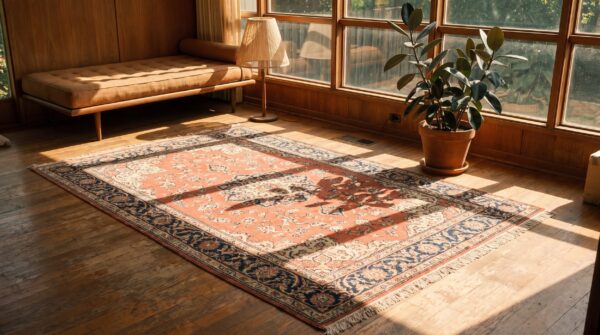 Rustic classic floral medallion coral antique fine weave persian tabriz rug 11 Rustic classic floral medallion coral antique fine weave persian tabriz rug (sku 22907) - room view
