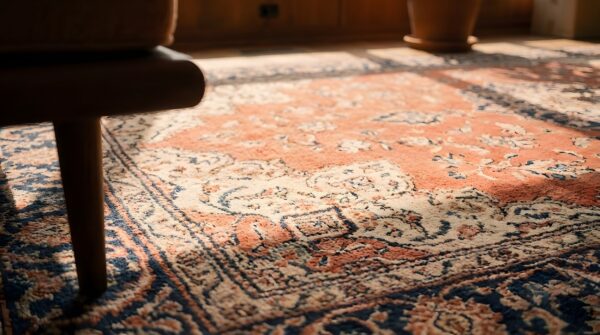 Rustic classic floral medallion coral antique fine weave persian tabriz rug 12 Rustic classic floral medallion coral antique fine weave persian tabriz rug (sku 22907) - in-room detail