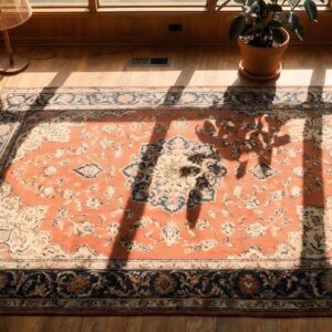 Rustic Classic Floral Medallion Coral Antique Fine Weave Persian Tabriz Rug (SKU 22907) - styled overhead view
