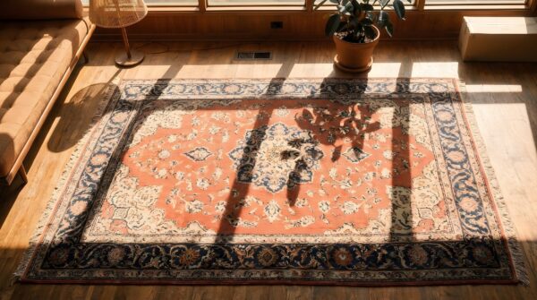 Rustic classic floral medallion coral antique fine weave persian tabriz rug 2 Rustic classic floral medallion coral antique fine weave persian tabriz rug (sku 22907) - styled overhead view