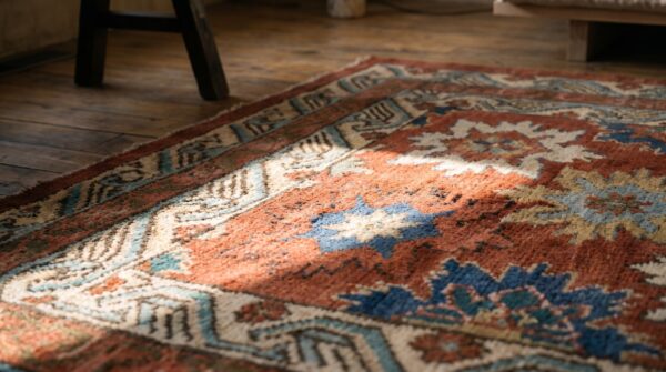 Rustic antique coral caucasian tribal floral pattern seychour rug 5 Rustic antique coral caucasian tribal floral pattern seychour rug (sku 17880) - in-room detail
