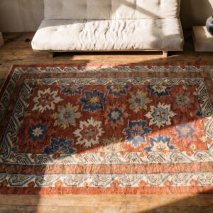 Rustic Antique Coral Caucasian Tribal Floral Pattern Seychour Rug (SKU 17880) - styled overhead view