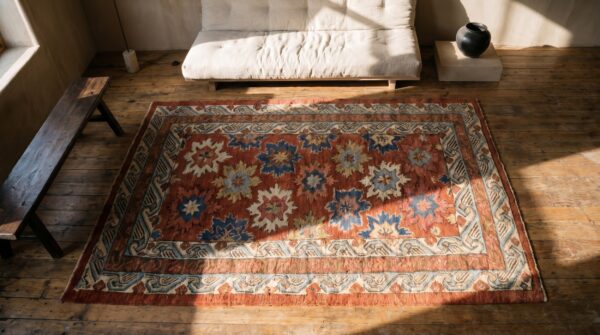 Rustic antique coral caucasian tribal floral pattern seychour rug 2 Rustic antique coral caucasian tribal floral pattern seychour rug (sku 17880) - styled overhead view