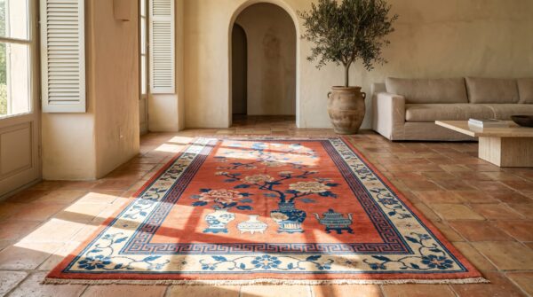 Rustic coral antique chinese kansu hallway runner rug 8 Rustic coral antique chinese kansu hallway runner rug (sku 21569) - room view