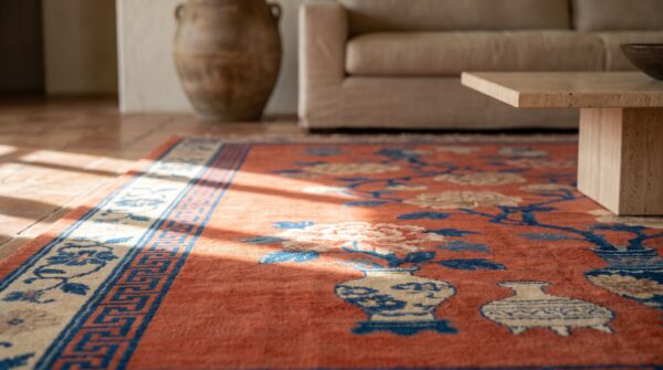 Rustic coral antique chinese kansu hallway runner rug 9 Rustic coral antique chinese kansu hallway runner rug (sku 21569) - in-room detail