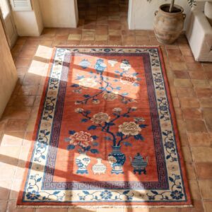 Rustic Coral Antique Chinese Kansu Hallway Runner Rug (SKU 21569) - styled overhead view