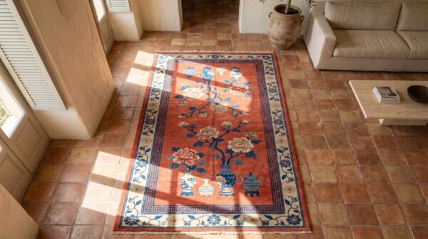 Rustic coral antique chinese kansu hallway runner rug 2 Rustic coral antique chinese kansu hallway runner rug (sku 21569) - styled overhead view