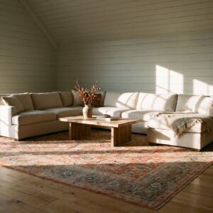 Rustic Coral Field Green Border Antique Room Size Wool Pile Persian Sultanabad Rug (SKU 24833) - room view