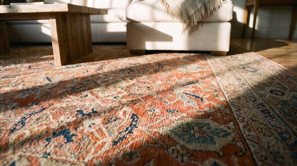 Rustic coral field green border antique room size wool pile persian sultanabad rug 10 Rustic coral field green border antique room size wool pile persian sultanabad rug (sku 24833) - in-room detail