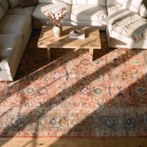 Rustic Coral Field Green Border Antique Room Size Wool Pile Persian Sultanabad Rug (SKU 24833) - styled overhead view
