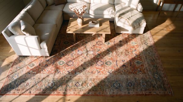 Rustic coral field green border antique room size wool pile persian sultanabad rug 2 Rustic coral field green border antique room size wool pile persian sultanabad rug (sku 24833) - styled overhead view