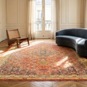Rustic Coral Tribal Geometric Herati Pattern Antique Indian Amritsar Carpet (SKU 19696) - room view