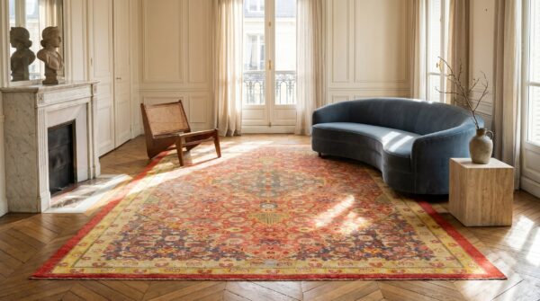Rustic coral tribal geometric herati pattern antique indian amritsar carpet 11 Rustic coral tribal geometric herati pattern antique indian amritsar carpet (sku 19696) - room view