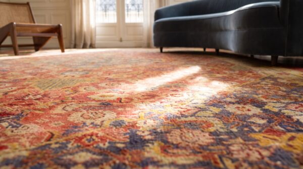Rustic coral tribal geometric herati pattern antique indian amritsar carpet 12 Rustic coral tribal geometric herati pattern antique indian amritsar carpet (sku 19696) - in-room detail