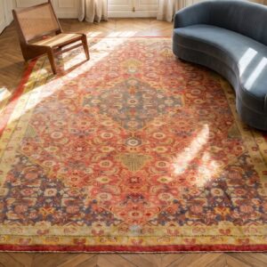 Rustic Coral Tribal Geometric Herati Pattern Antique Indian Amritsar Carpet (SKU 19696) - styled overhead view