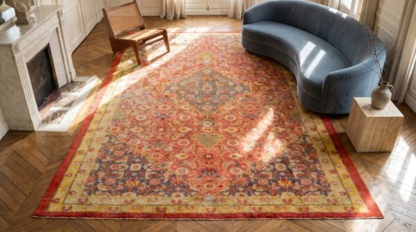 Rustic coral tribal geometric herati pattern antique indian amritsar carpet 2 Rustic coral tribal geometric herati pattern antique indian amritsar carpet (sku 19696) - styled overhead view
