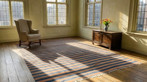 Rustic antique geometric stripes room size indian cotton dhurrie rug 6 Rustic antique geometric stripes room size indian cotton dhurrie rug (sku 24158) - room view