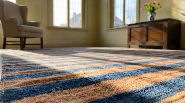 Rustic antique geometric stripes room size indian cotton dhurrie rug 7 Rustic antique geometric stripes room size indian cotton dhurrie rug (sku 24158) - in-room detail