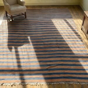 Rustic Antique Geometric Stripes Room Size Indian Cotton Dhurrie Rug (SKU 24158) - styled overhead view