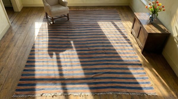 Rustic antique geometric stripes room size indian cotton dhurrie rug 2 Rustic antique geometric stripes room size indian cotton dhurrie rug (sku 24158) - styled overhead view