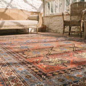 Antique Rustic Geometric Tribal Caucasian Late 19th Century Square Shirvan Rug (SKU 18605) - in-room detail