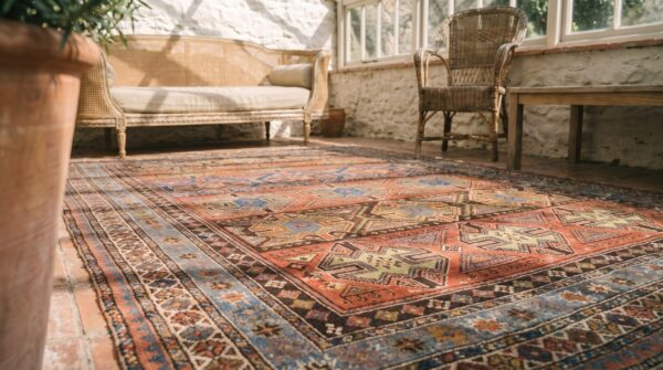 Antique rustic geometric tribal caucasian late 19th century square shirvan rug (sku 18605) - in-room detail