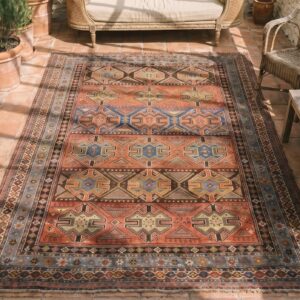 Antique Rustic Geometric Tribal Caucasian Late 19th Century Square Shirvan Rug (SKU 18605) - styled overhead view
