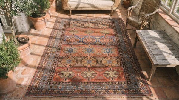 Antique rustic geometric tribal caucasian late 19th century square shirvan rug (sku 18605) - styled overhead view